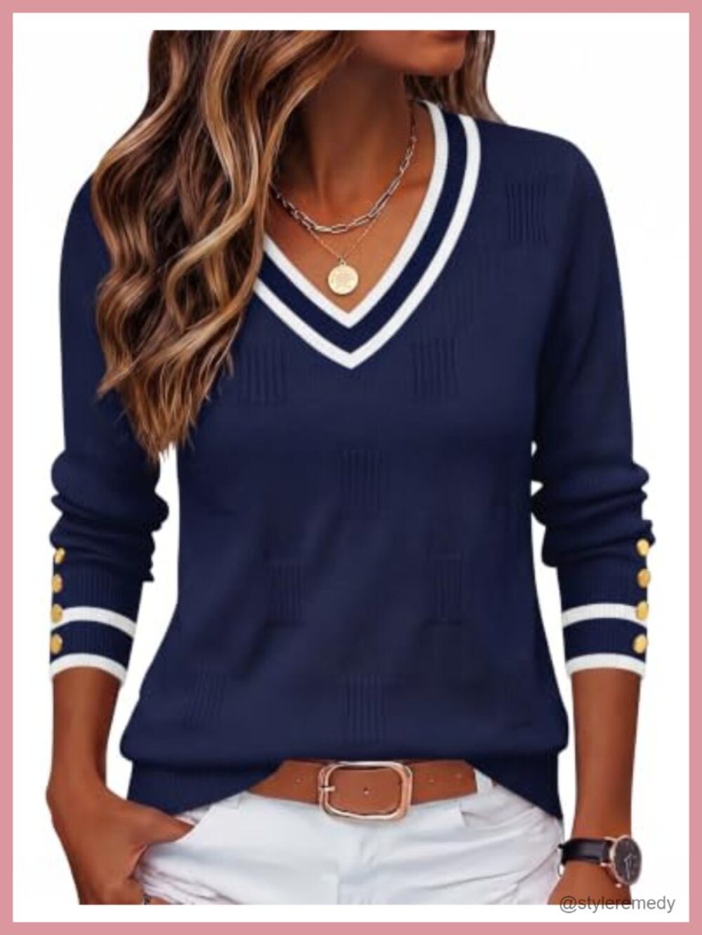 Women's V-Neck Sweater Long Sleeve Lightweight Ribbed Button Cuff Pullover